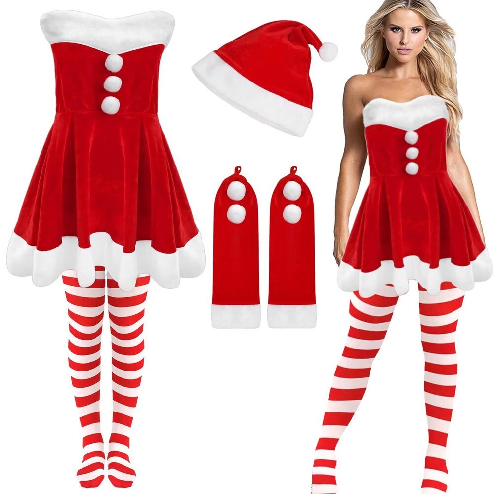 3789 Mrs. Santa Claus Costume Set - Velvet Dress, Long Gloves, Striped Over
